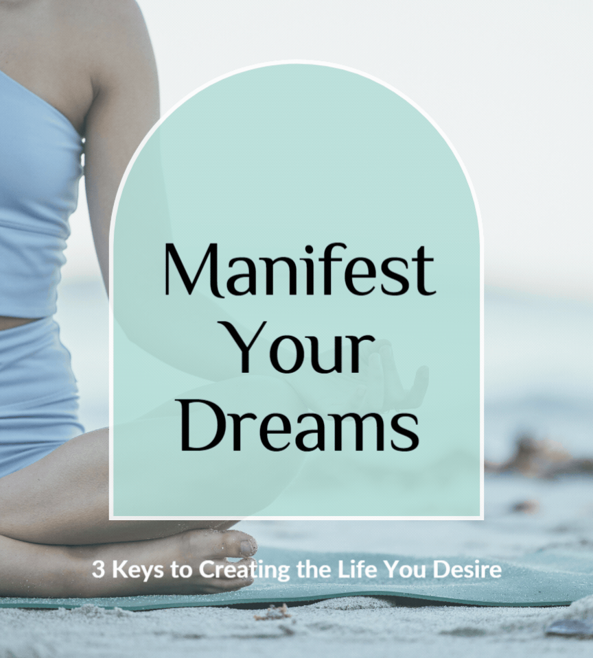 Người mặc áo xanh ngồi bên mép nước, che gần hết khung là tấm thẻ vòm xanh bạc hà in "Manifest Your Dreams". Thứ duy nhất nhúc nhích là mây và mặt nước phía sau tấm thẻ.